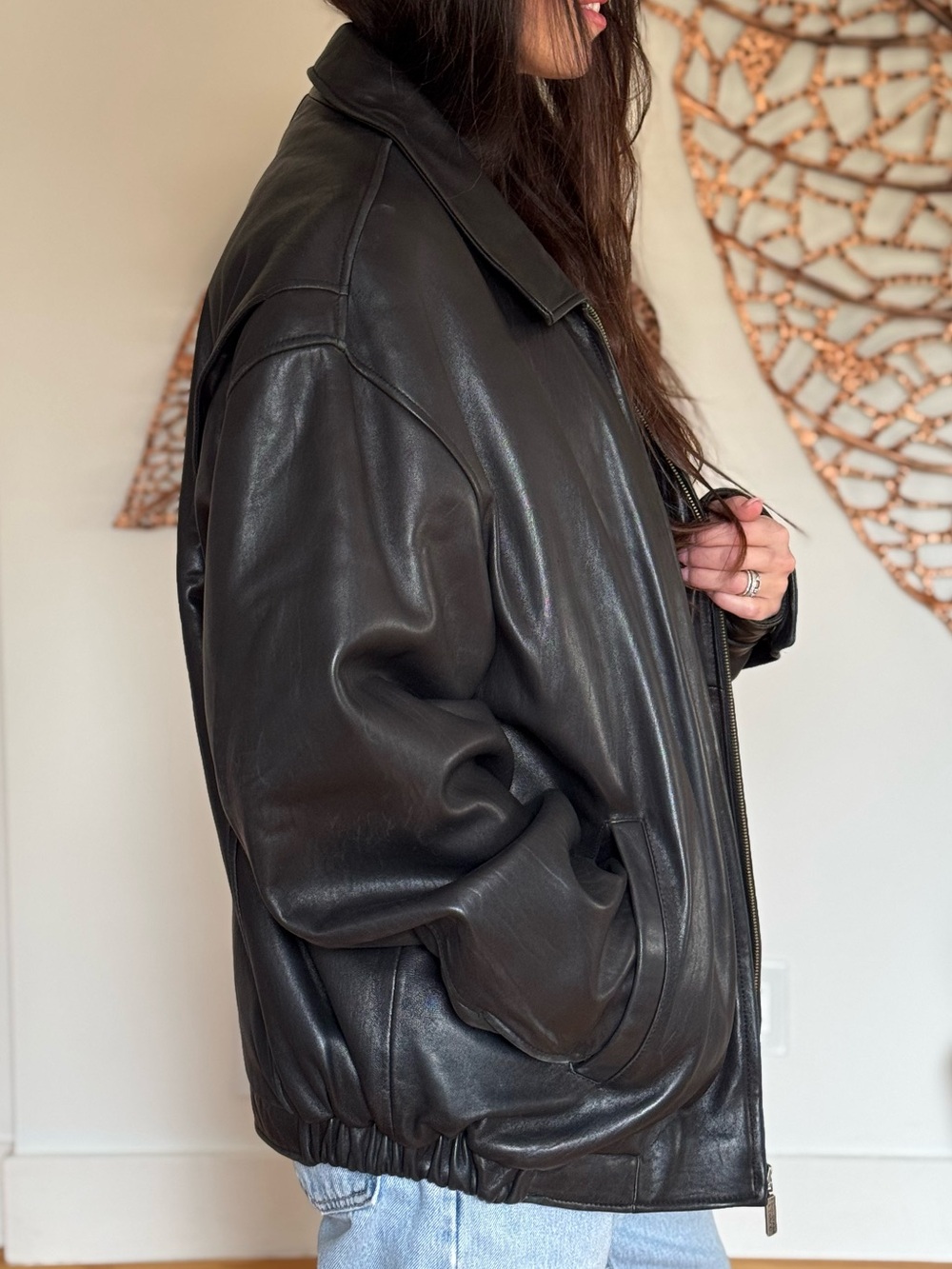Vintage Black Leather Oversized Bomber Jacket Size - Picture 2 of 4